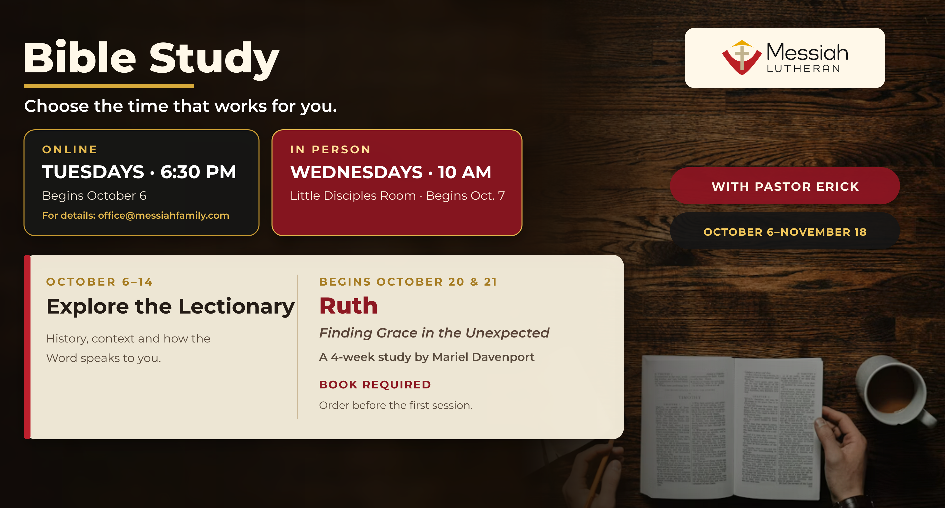 Messiah Lutheran Church Bible Study with online Tuesday and in-person Wednesday options