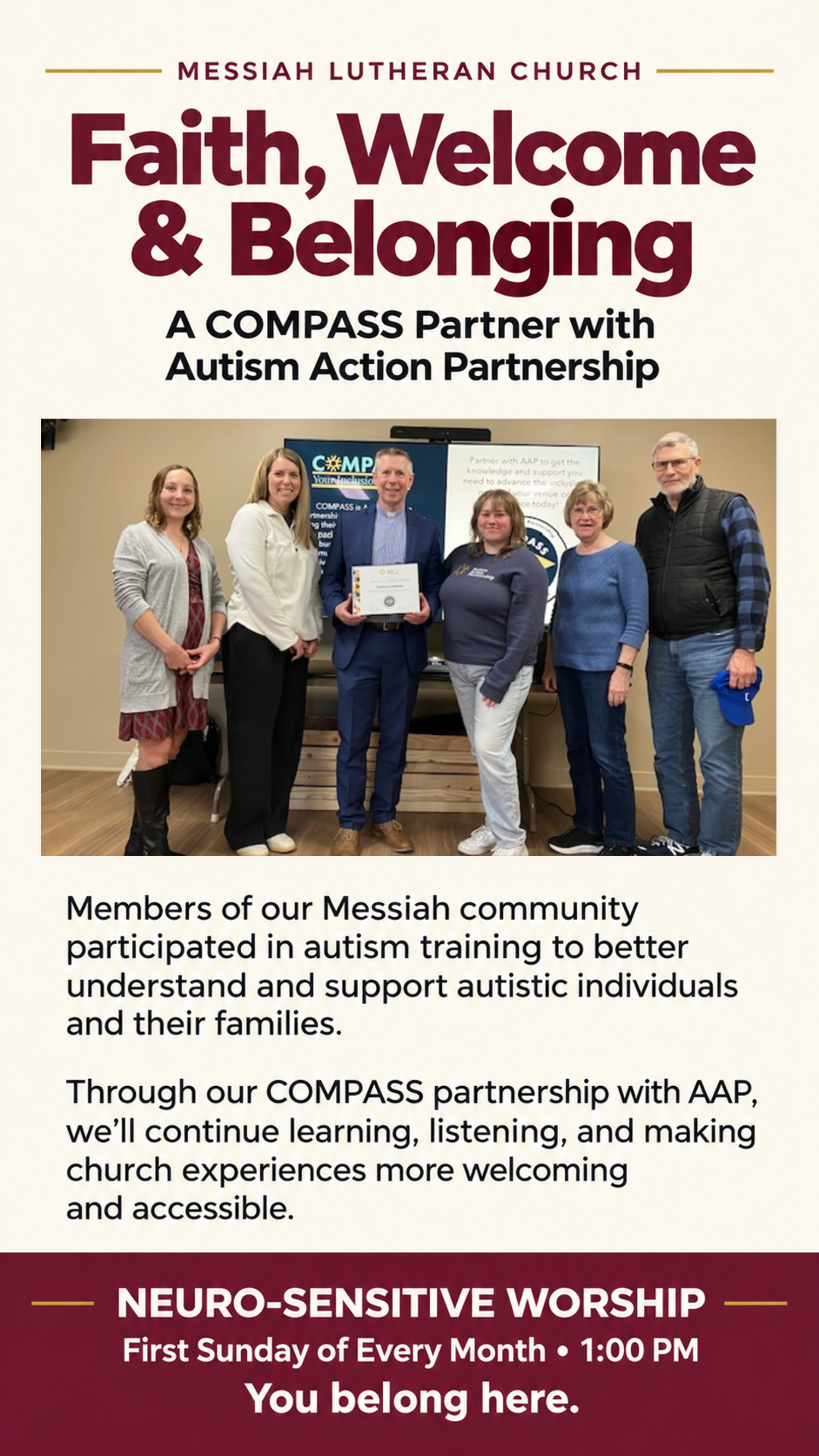 Faith, Welcome and Belonging — Messiah's COMPASS partnership with Autism Action Partnership. Neuro-Sensitive Worship takes place on the first Sunday of every month at 1:00 PM.